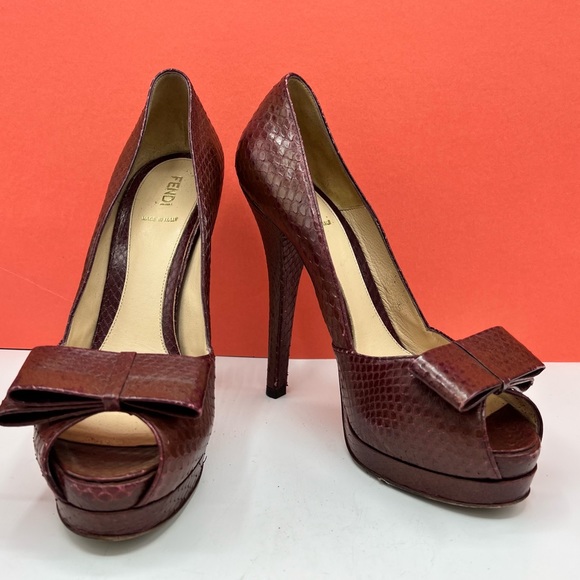 FENDI Brick Red Snakeskin Embossed Leather Ultra High Heels - Picture 2 of 11